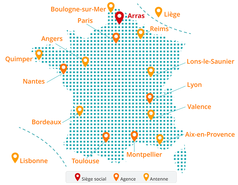 Répartition des agences et points de chute d'Ecogeos en France metropolitaine